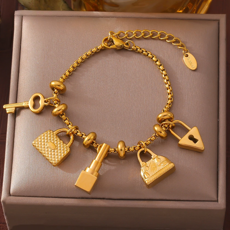Charm Bracelet with Gold Plated Charms and Adjustable Stainless Steel Chain