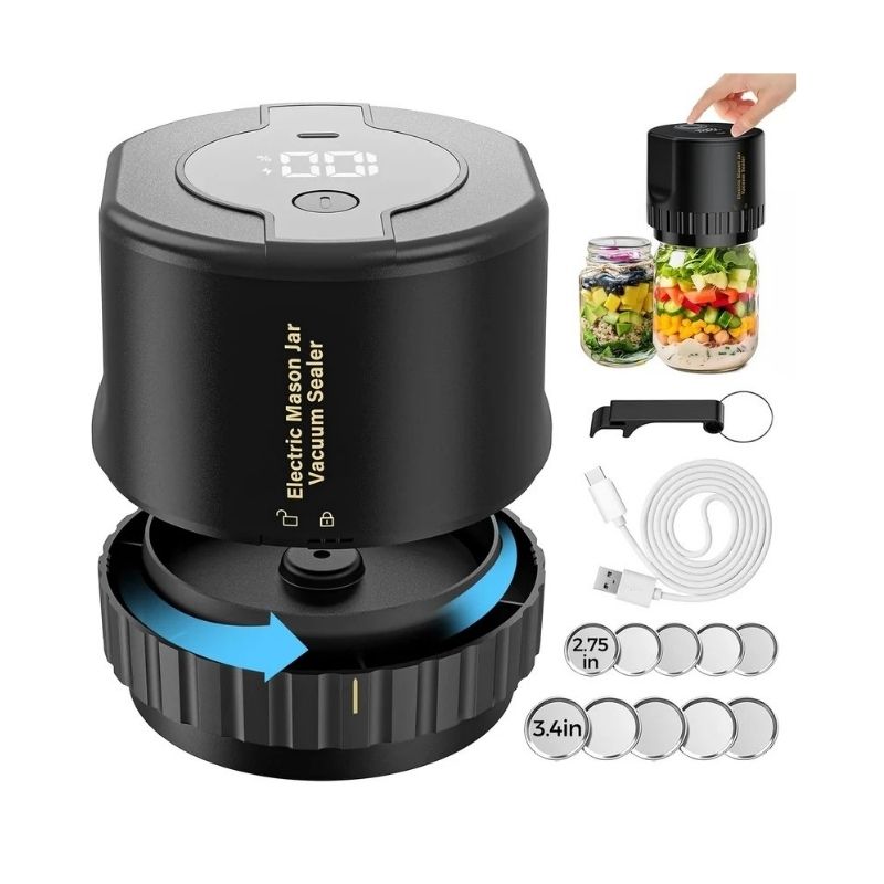 Electric Vacuum Sealer for Glass Jars with Dual Lid Sets and Quiet Operation
