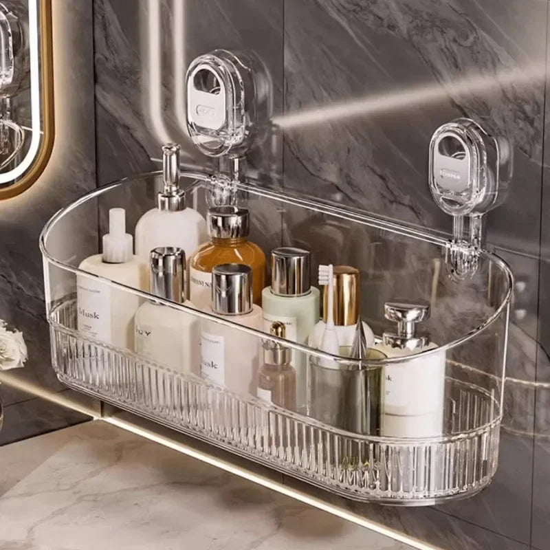 Vacuum Suction Bathroom Storage Rack with Clear PET Basket and Wall Mount