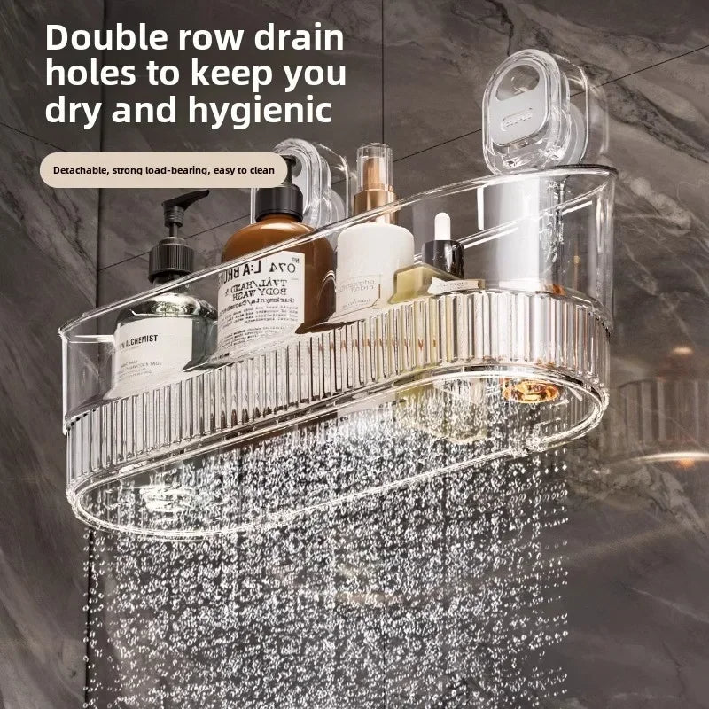 Vacuum Suction Bathroom Storage Rack with Clear PET Basket and Wall Mount