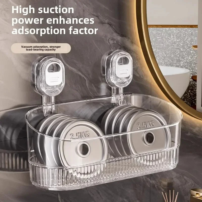 Vacuum Suction Bathroom Storage Rack with Clear PET Basket and Wall Mount