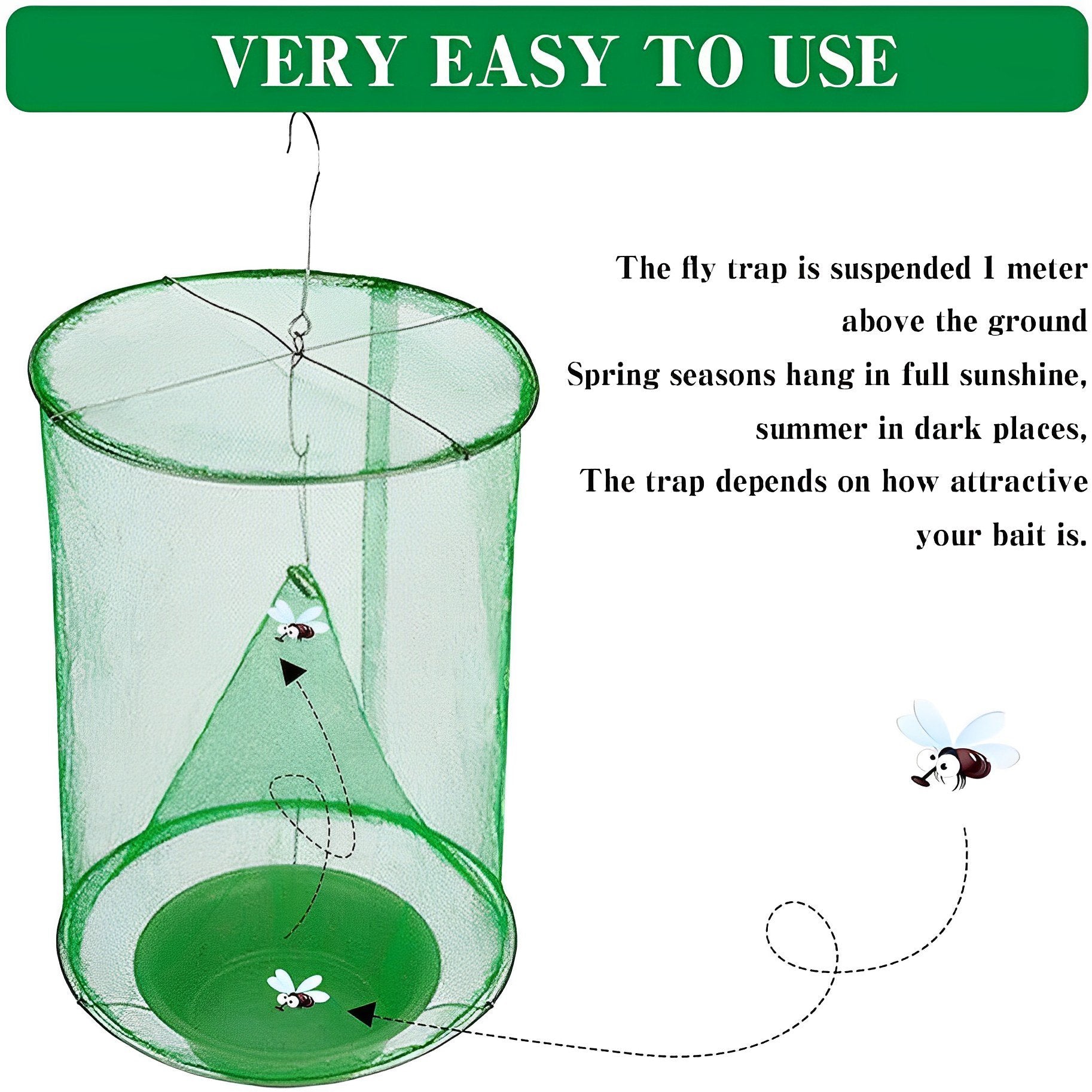Expandable Fly Trap with Natural Attractant and Hanging Hardware, Reusable Design
