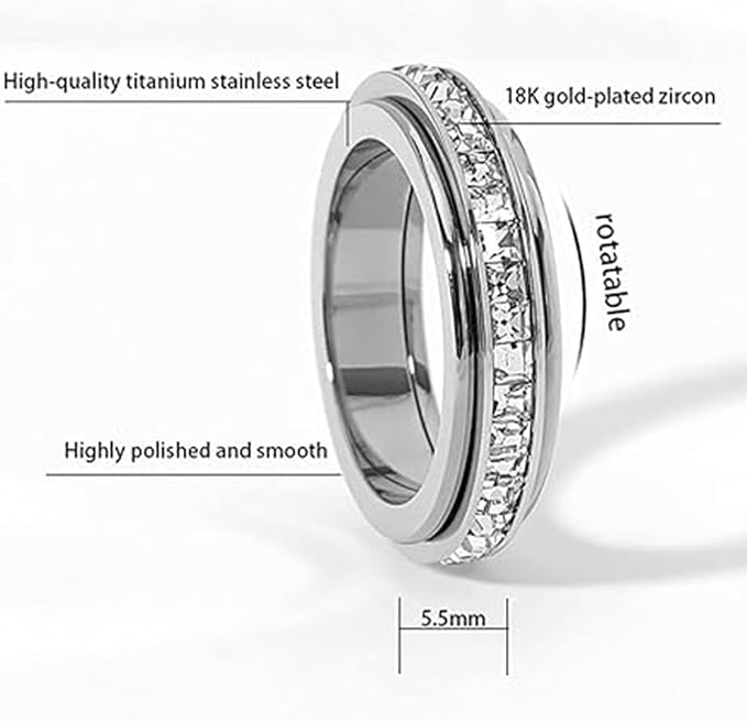 Titanium Steel Spinner Ring with Cubic Zirconia and Rotating Band, Comfort Fit