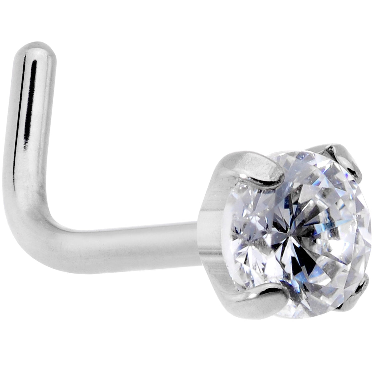 L-Shaped Titanium Nose Ring with 3mm Clear Cubic Zirconia, 20 Gauge