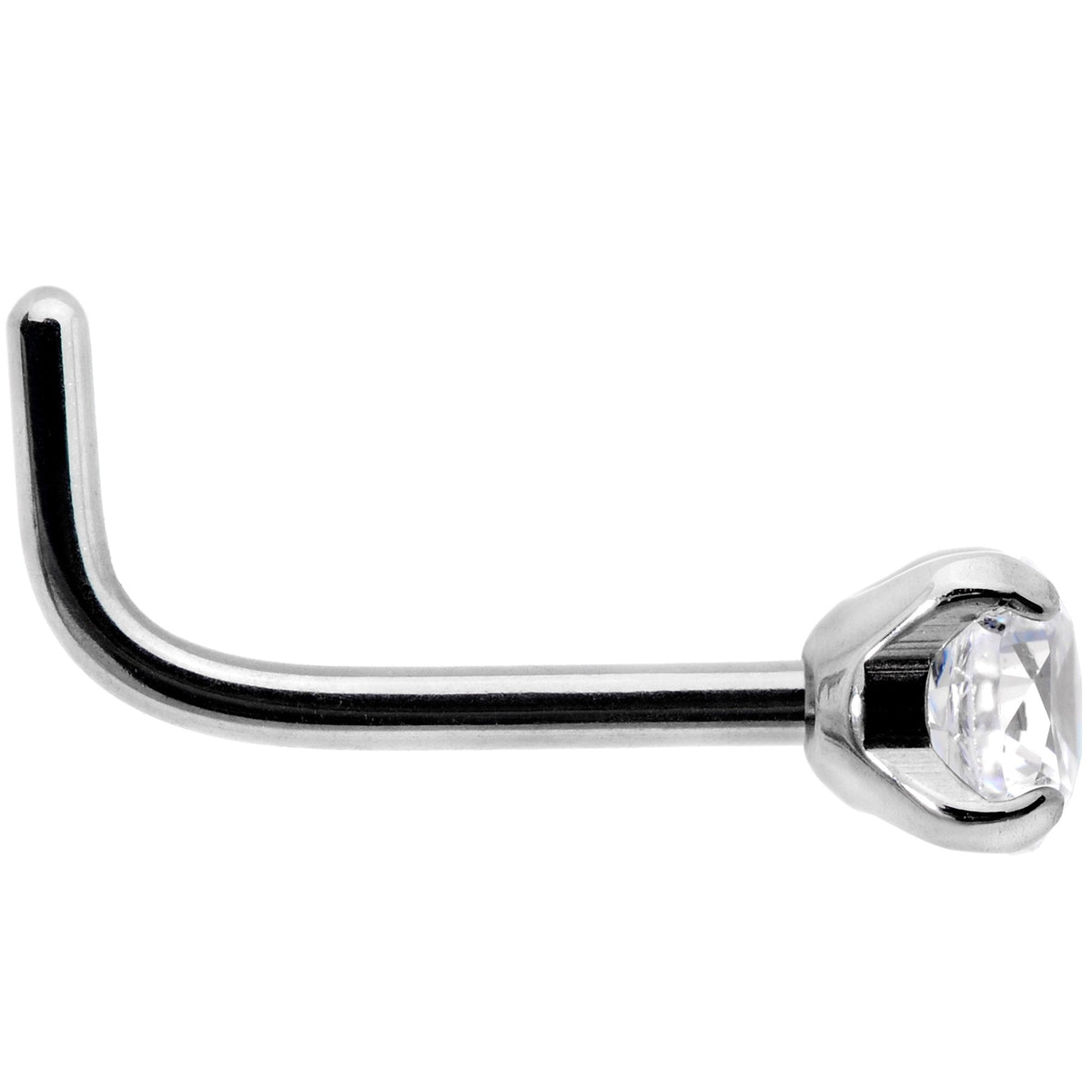 L-Shaped Titanium Nose Ring with 3mm Clear Cubic Zirconia, 20 Gauge