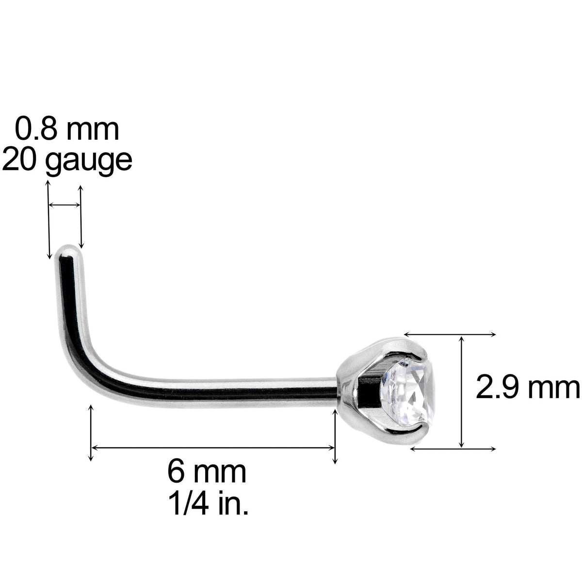 L-Shaped Titanium Nose Ring with 3mm Clear Cubic Zirconia, 20 Gauge