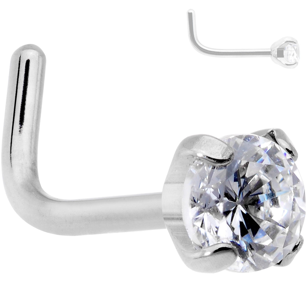 L-Shaped Titanium Nose Ring with 3mm Clear Cubic Zirconia, 20 Gauge