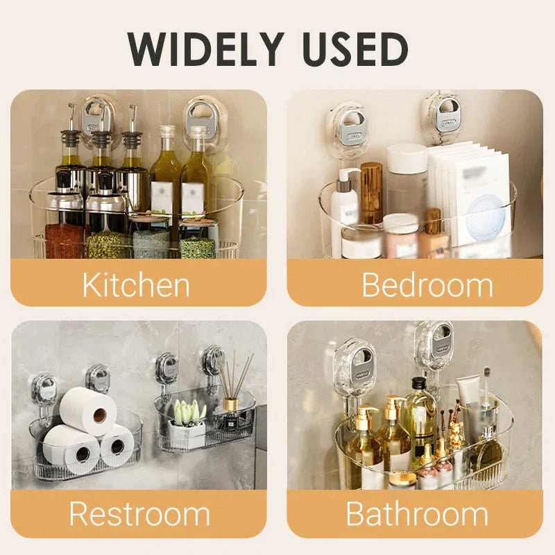 Vacuum Suction Bathroom Storage Rack with Clear PET Basket and Wall Mount