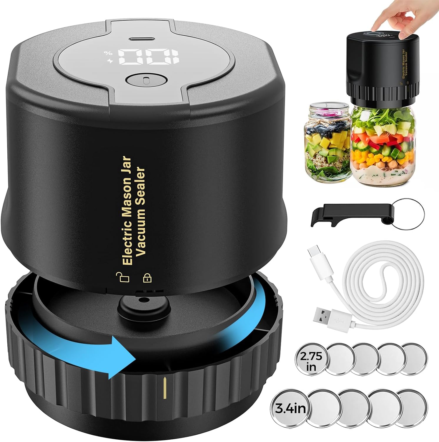 Electric Vacuum Sealer for Glass Jars with Dual Lid Sets and Quiet Operation