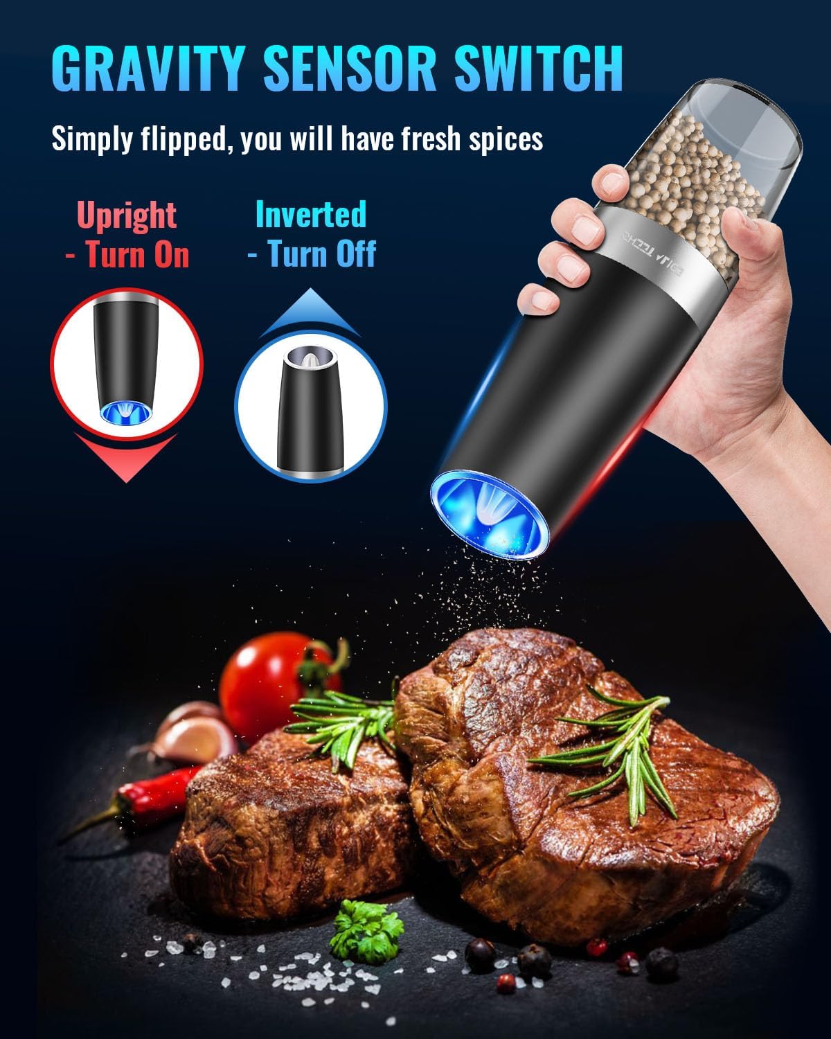 Automatic Salt and Pepper Grinder with Gravity Sensor and LED Light