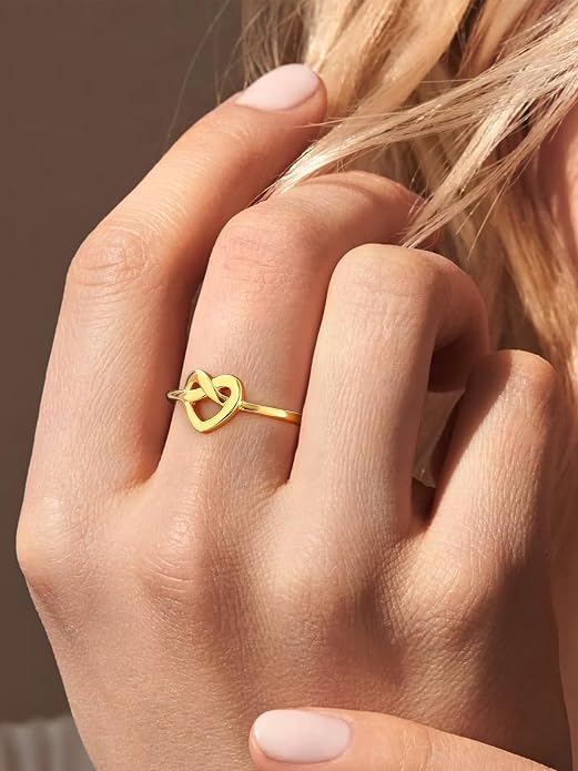 Sterling Silver Heart Ring with Gold Plating and Polished Finish, Sizes 4-12