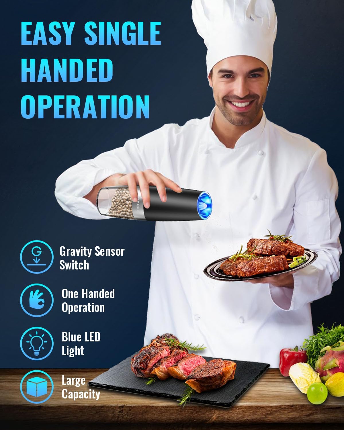 Automatic Salt and Pepper Grinder with Gravity Sensor and LED Light