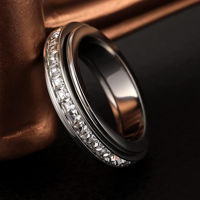 Titanium Steel Spinner Ring with Cubic Zirconia and Rotating Band, Comfort Fit