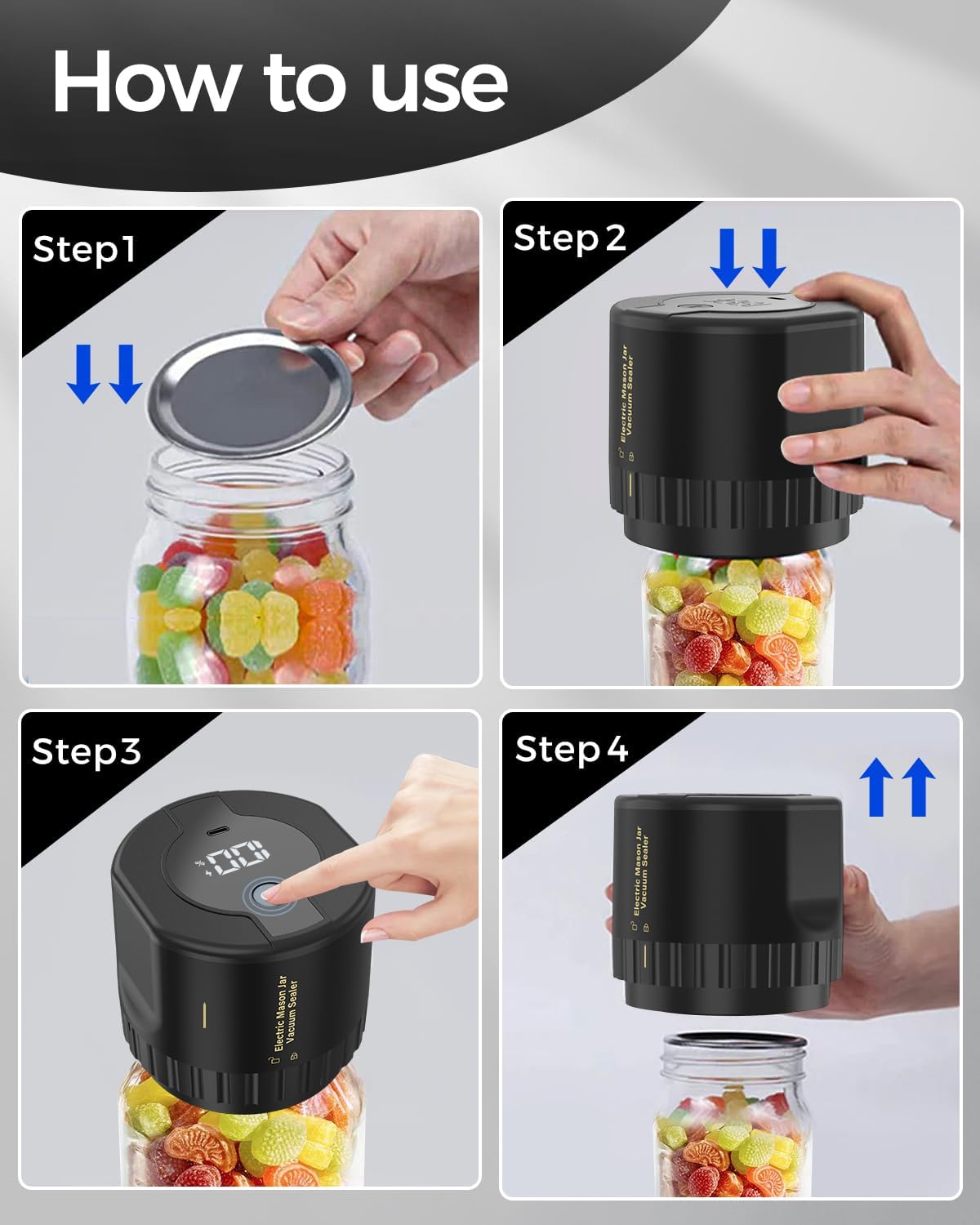 Electric Vacuum Sealer for Glass Jars with Dual Lid Sets and Quiet Operation