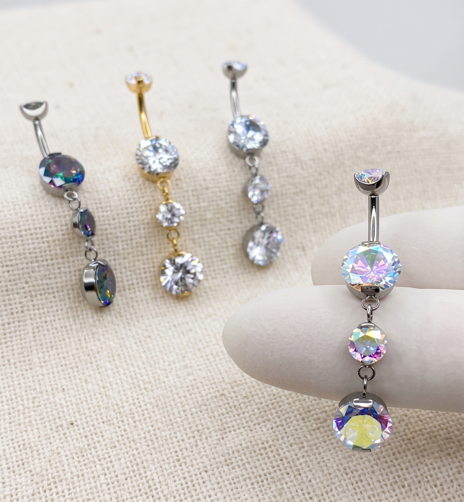Curved Titanium Belly Ring with Three Graduated Dangle Stones, 14G
