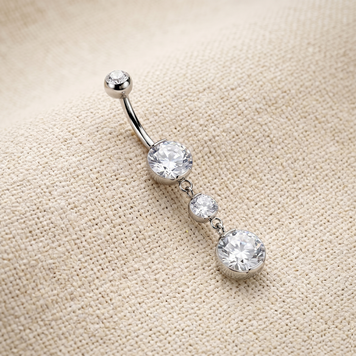 Curved Titanium Belly Ring with Three Graduated Dangle Stones, 14G
