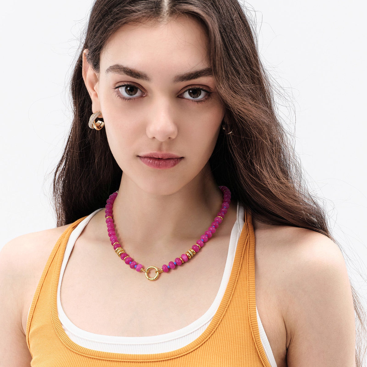 Natural Stone Beaded Choker Necklace with Gold-Plated Spring Ring Clasp
