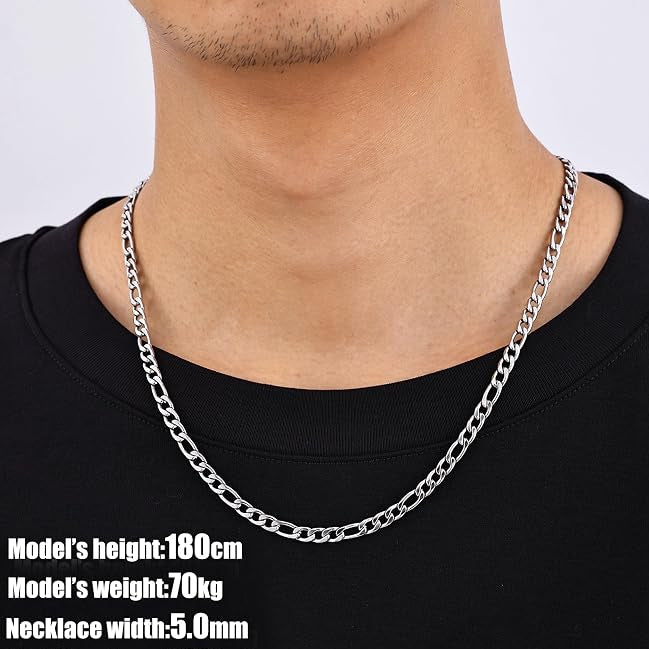 Stainless Steel Figaro Chain Necklace with 5mm Width and Polished Silver Finish, 20 Inch