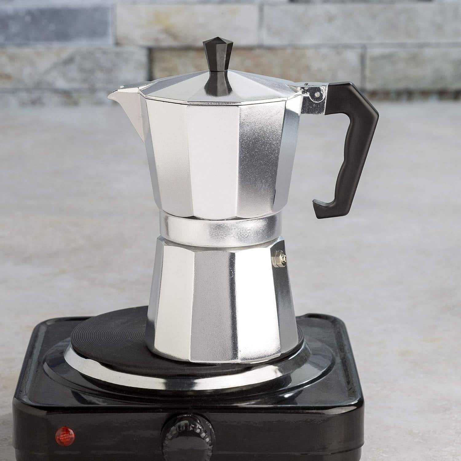 Stovetop Espresso Maker with Cast Aluminum Body and Heat-Resistant Handle, 6-Cup Capacity