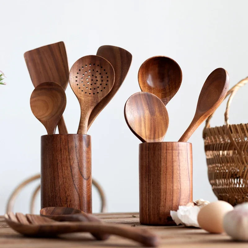 Teak Wood Kitchen Utensil Set with Heat-Resistant Construction and Non-Stick Safe Design