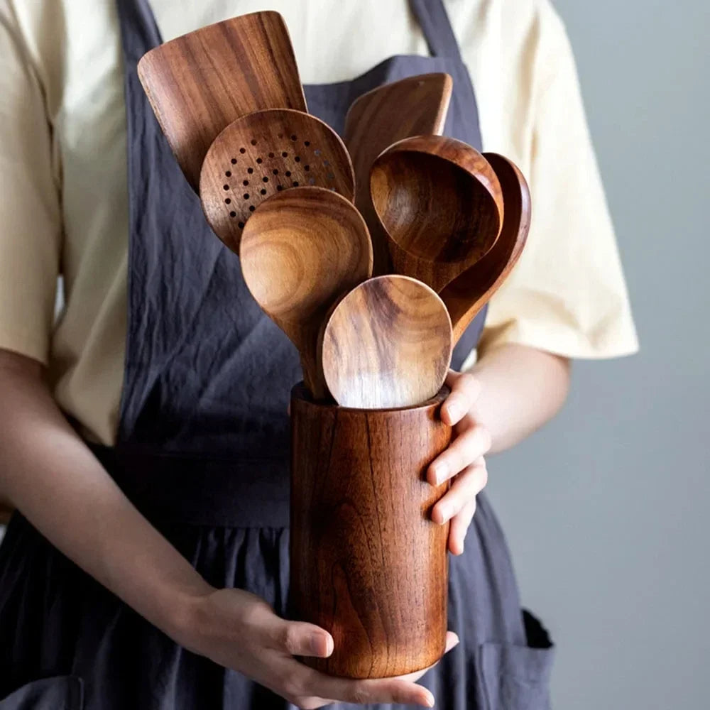 Teak Wood Kitchen Utensil Set with Heat-Resistant Construction and Non-Stick Safe Design