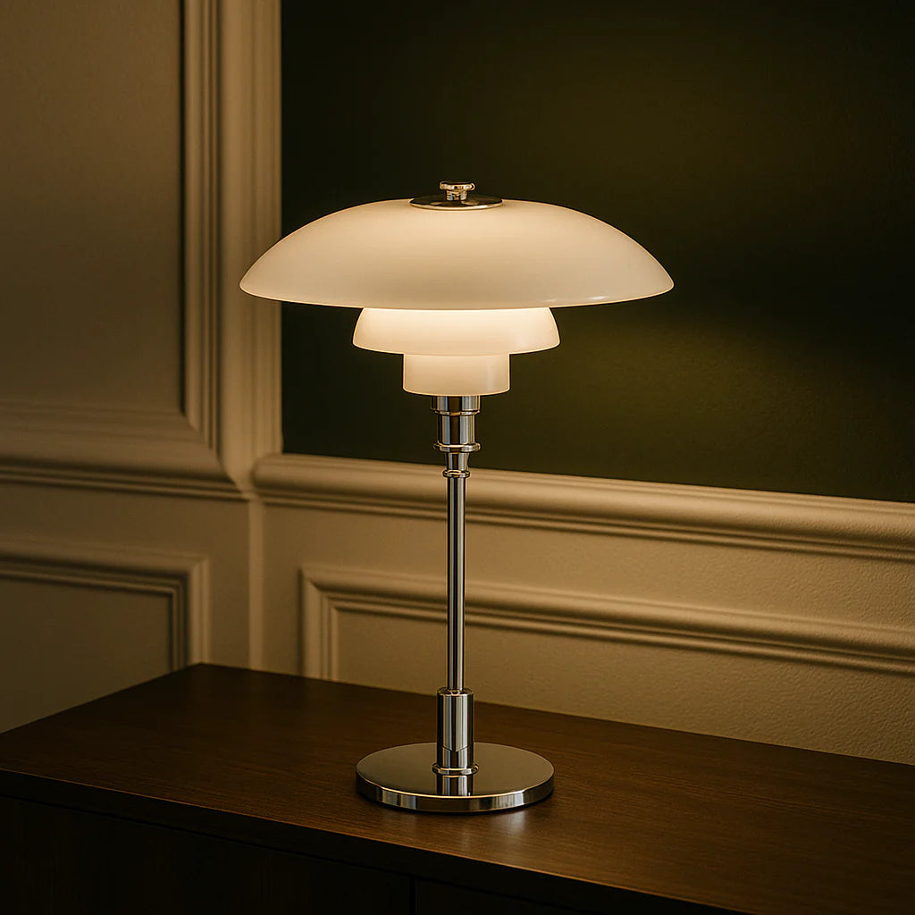Scandinavian Table Lamp, Glass Shade, Dimmable Lighting