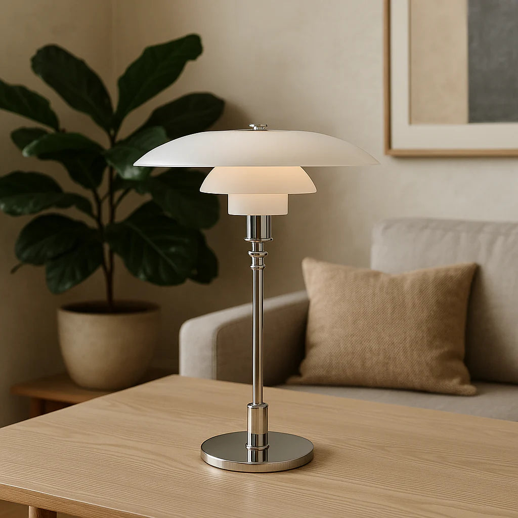 Scandinavian Table Lamp, Glass Shade, Dimmable Lighting