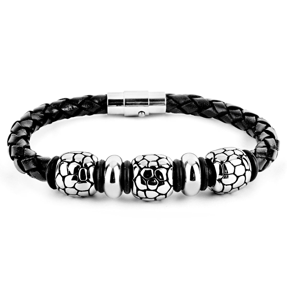 Braided Black Leather Bracelet with Steel Beads and Stainless Steel Clasp