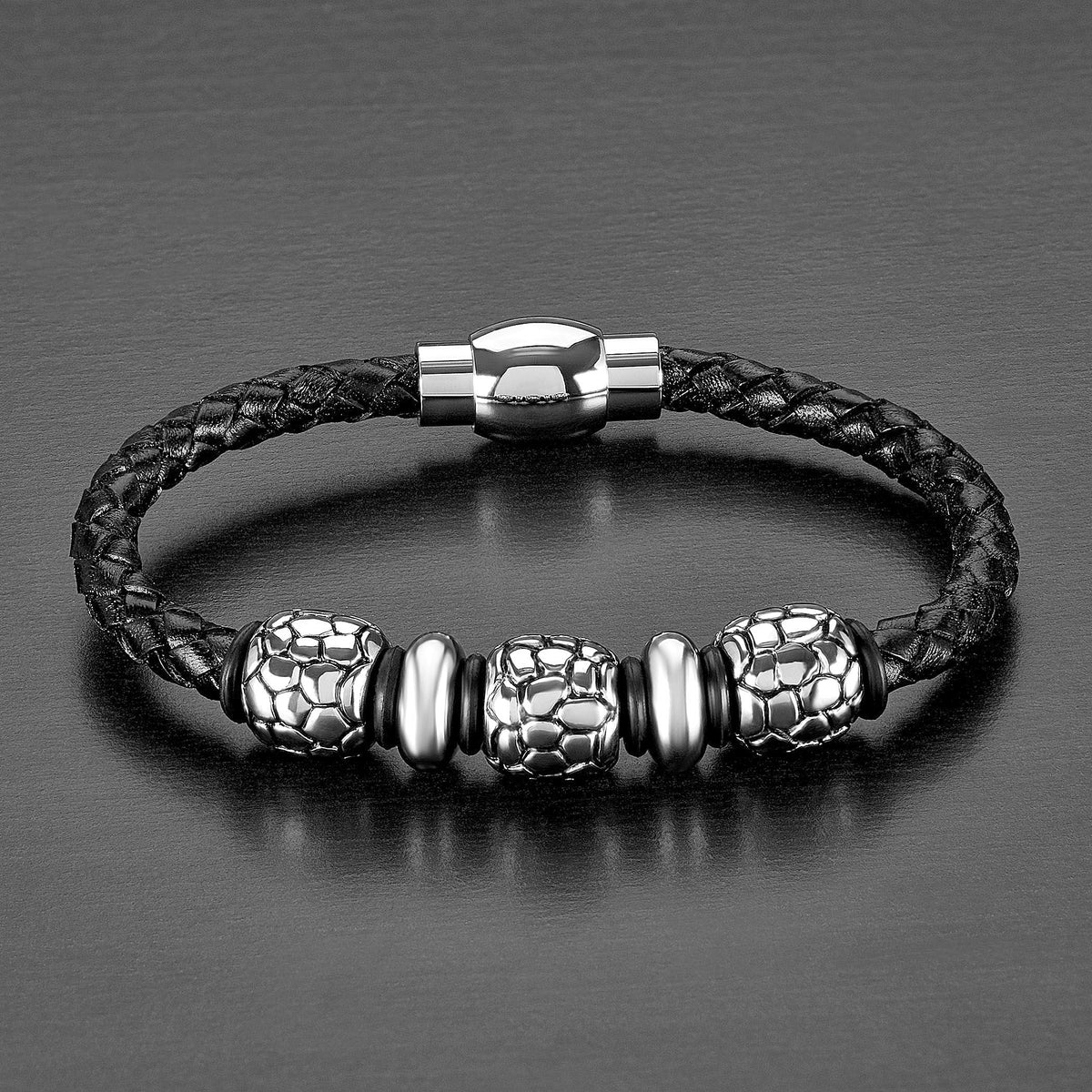 Braided Black Leather Bracelet with Steel Beads and Stainless Steel Clasp