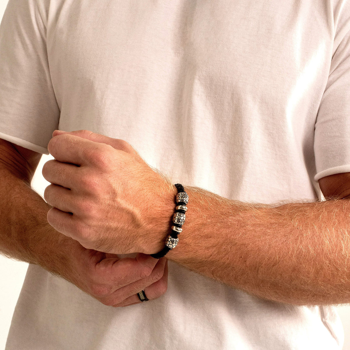 Braided Black Leather Bracelet with Steel Beads and Stainless Steel Clasp