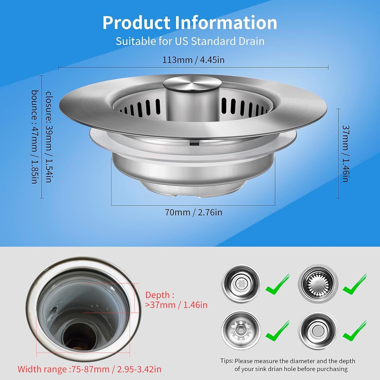 Pop-Up Sink Drain Strainer with Stainless Steel Basket and Brass Spring