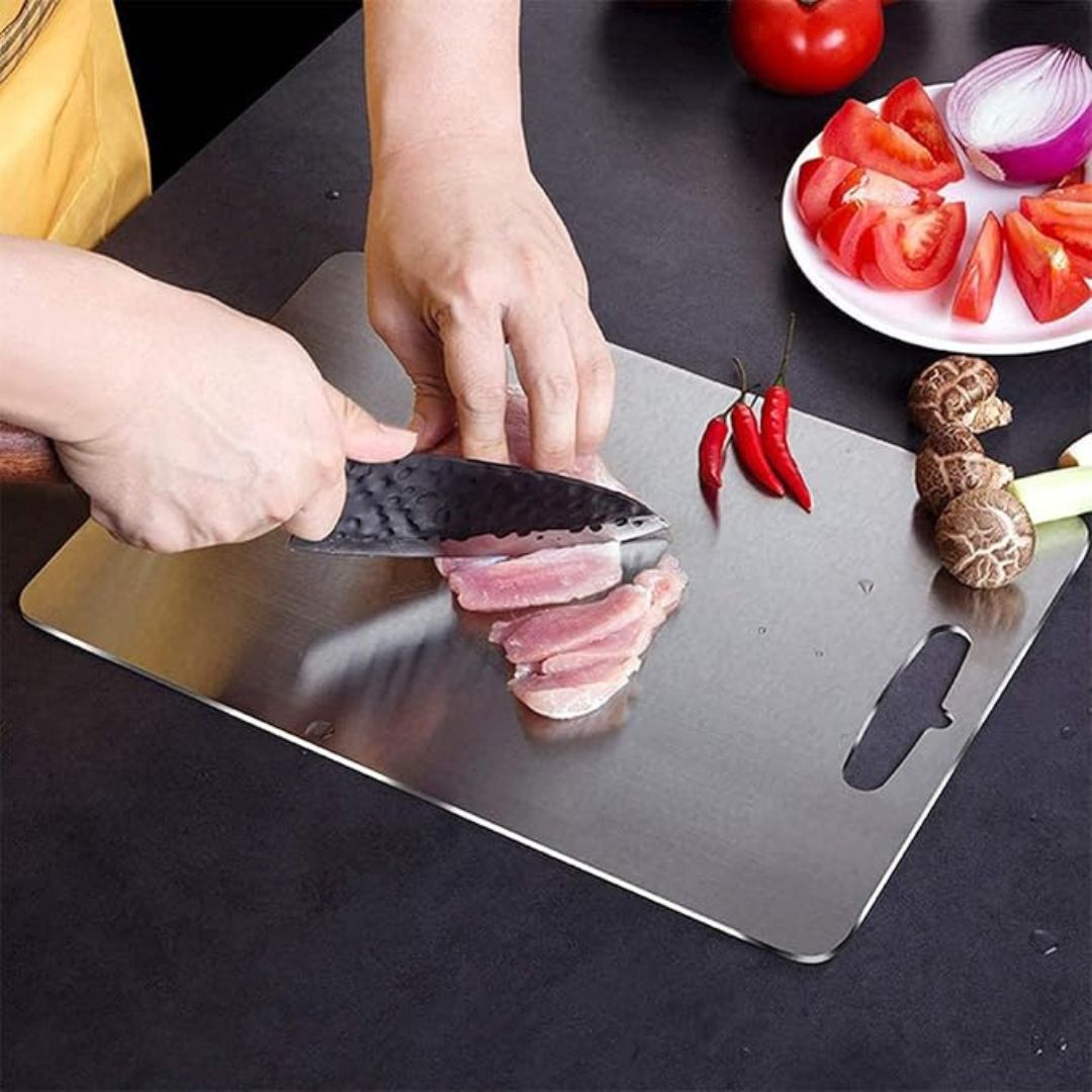 Titanium-Coated Cutting Board with Non-Porous Surface and Grip Base