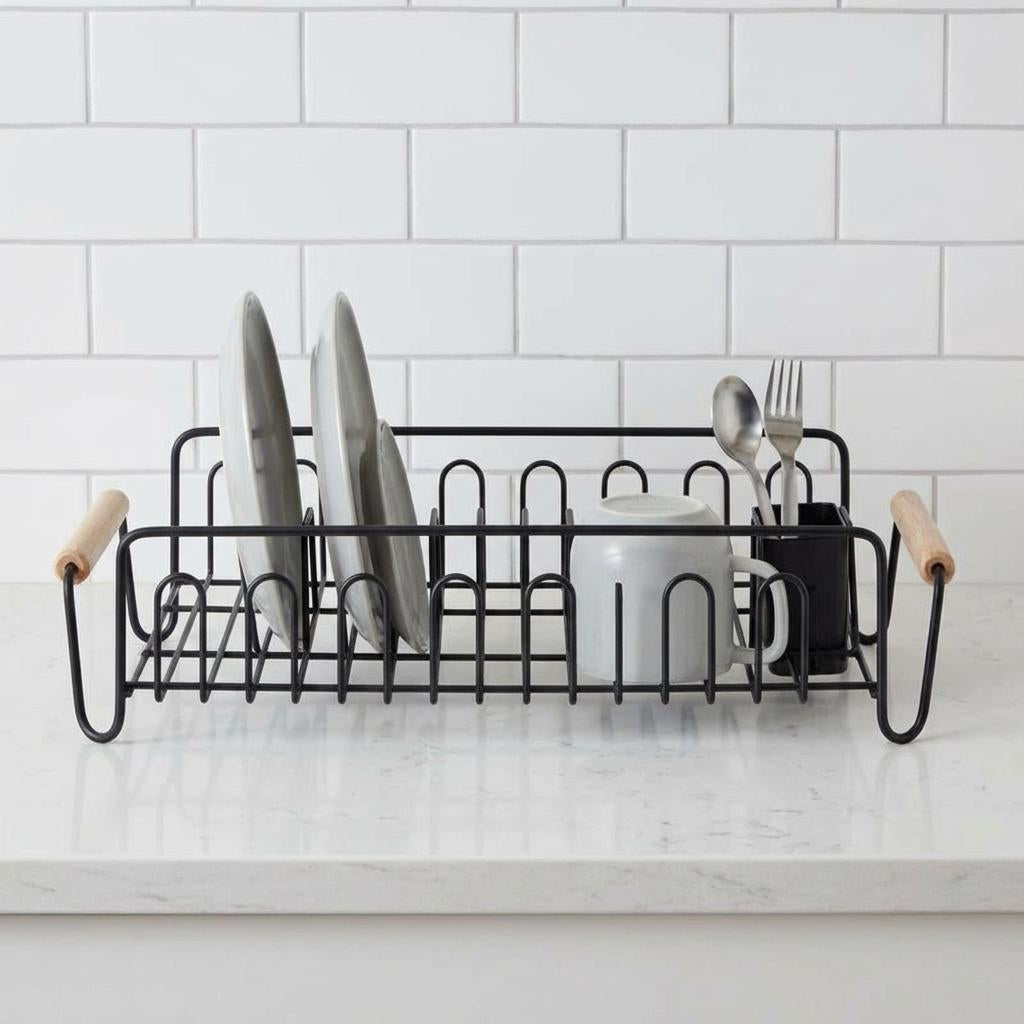 Black Dish Rack Wood Handles, Drip Dry Dishes
