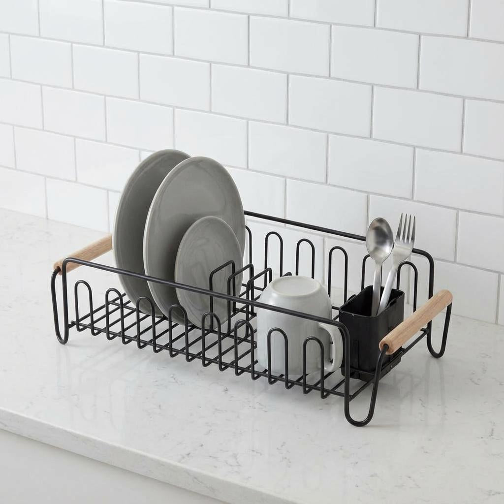 Black Dish Rack Wood Handles, Drip Dry Dishes