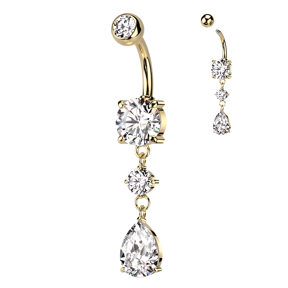 Cubic Zirconia Teardrop Belly Button Ring with Stainless Steel Barbell
