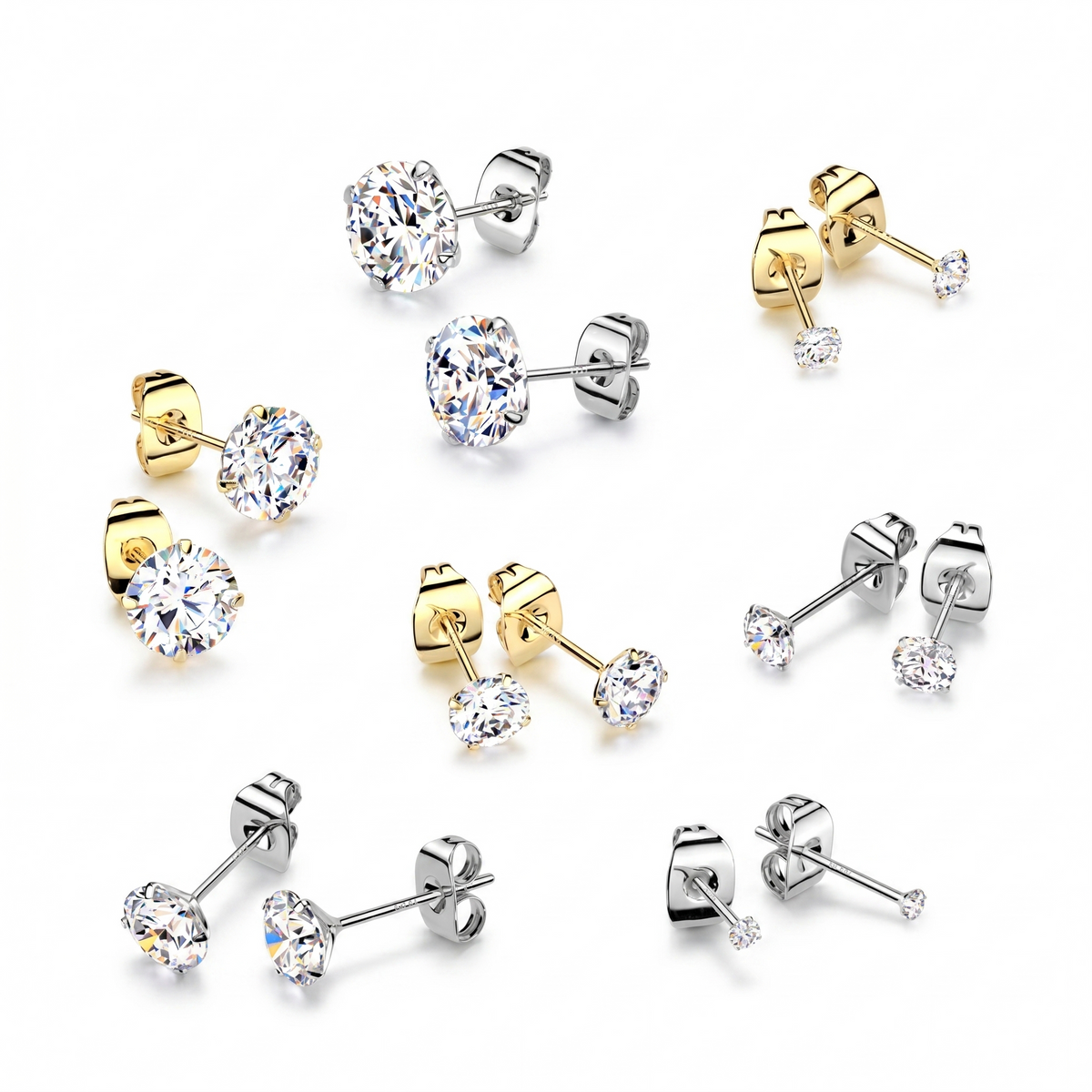Cubic Zirconia Stud Earrings with Prong Setting and Surgical Steel Backs, 3-8mm