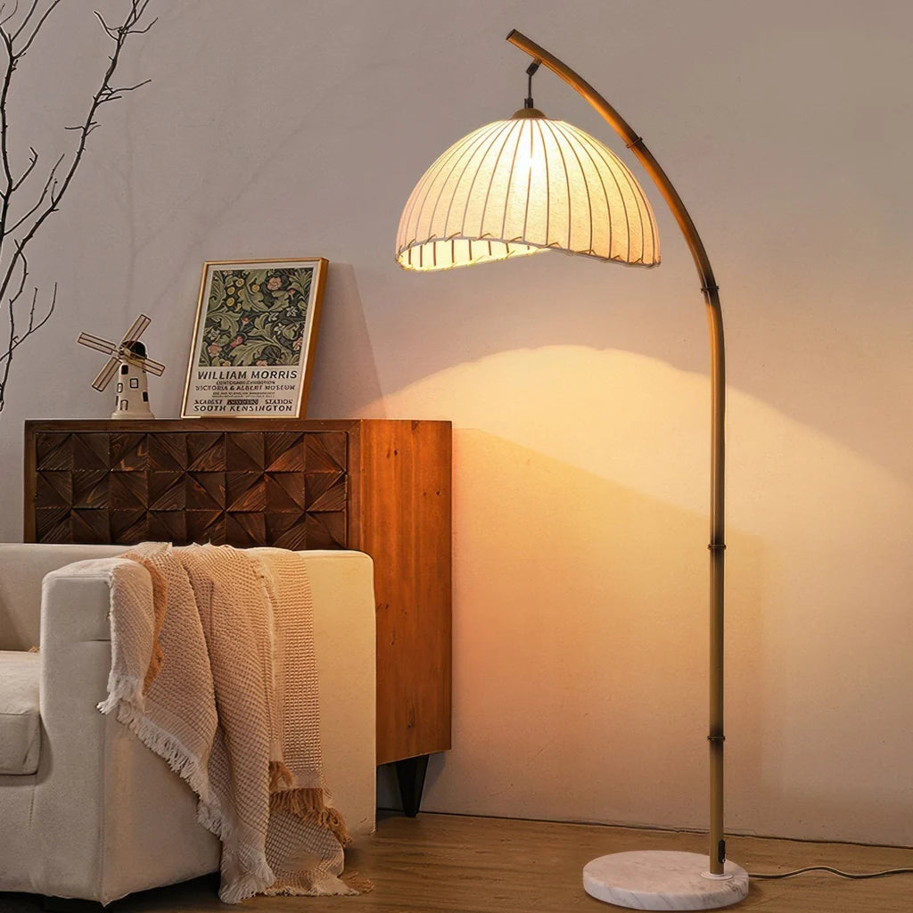 Retro Bamboo Floor Lamp, Curved Stand with Linen Shade, Living Room Lighting