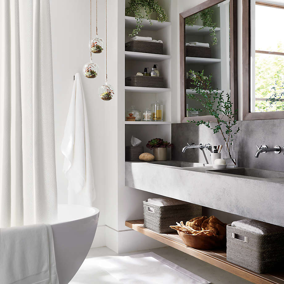 Grey Handwoven Basket Tote, Cutout Handles, Bathroom Storage