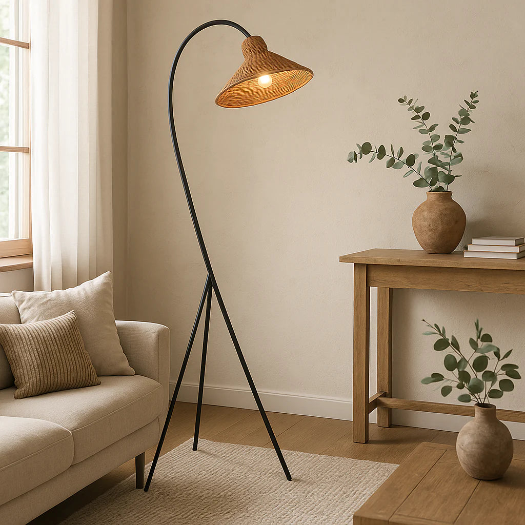 Bamboo Floor Lamp, Tripod Base with Woven Shade, Living Room Lighting