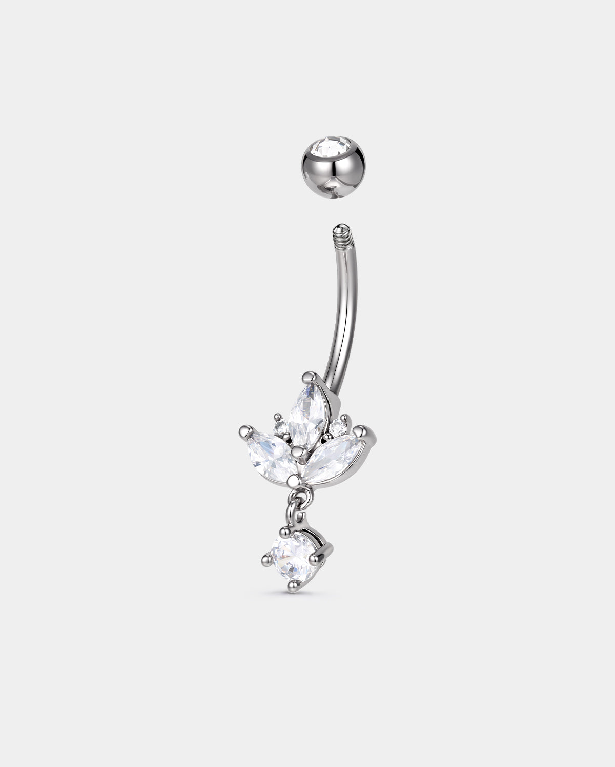 Floral Petal Navel Ring with Dangling Clear Stone and Curved Barbell, 14G