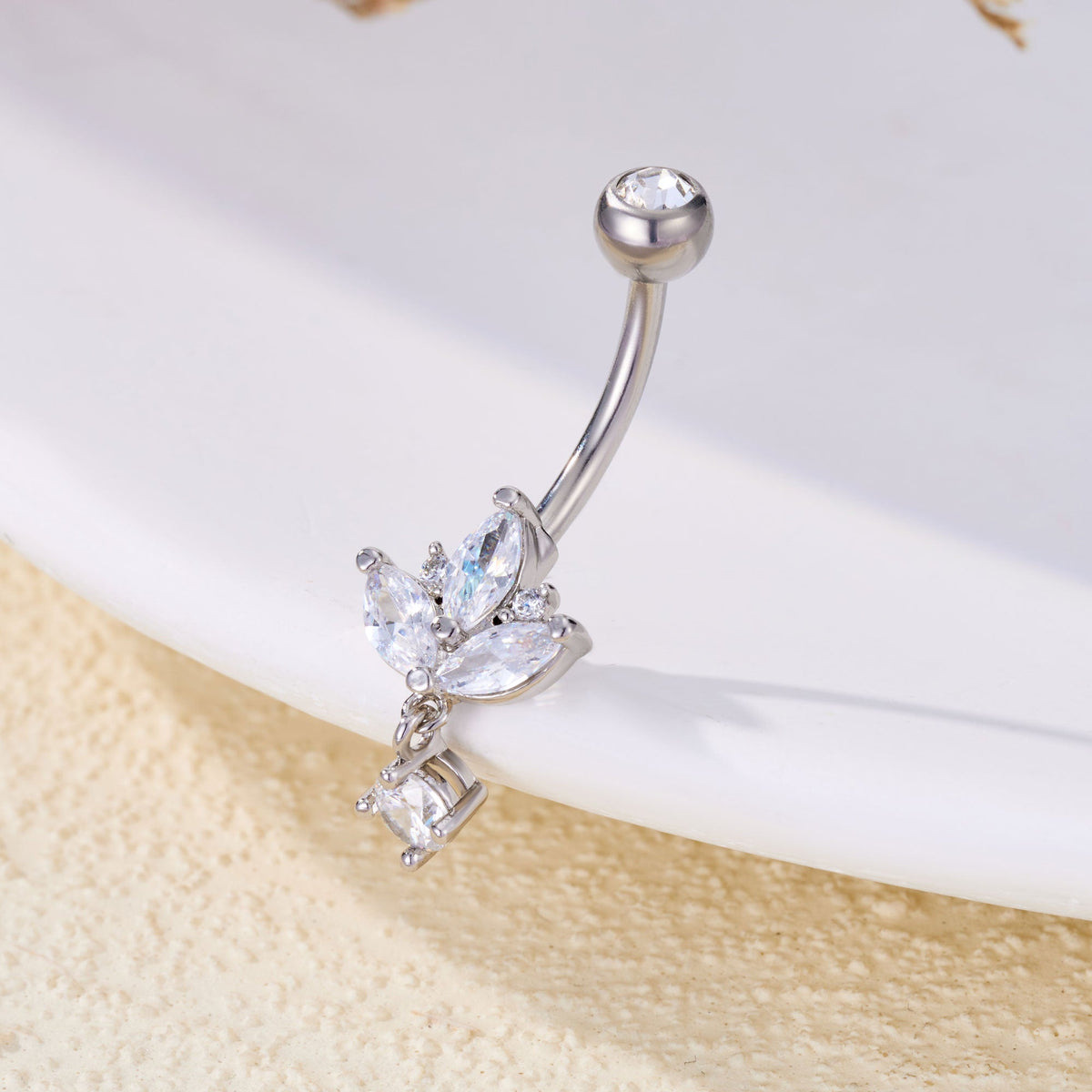 Floral Petal Navel Ring with Dangling Clear Stone and Curved Barbell, 14G