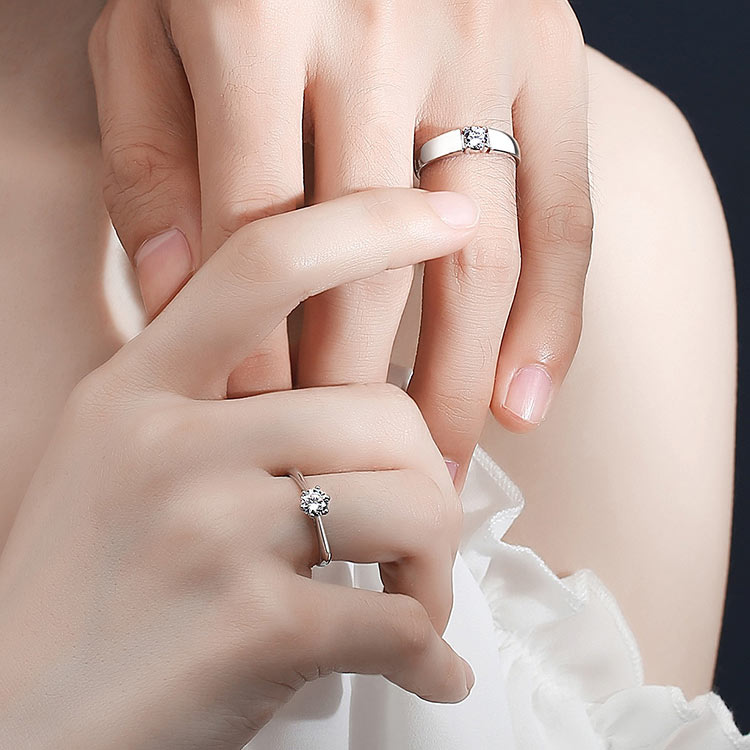 Cubic Zirconia Couple Rings with White Gold Plating and Custom Engraving
