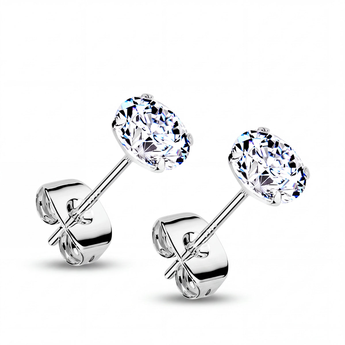 Cubic Zirconia Stud Earrings with Prong Setting and Surgical Steel Backs, 3-8mm