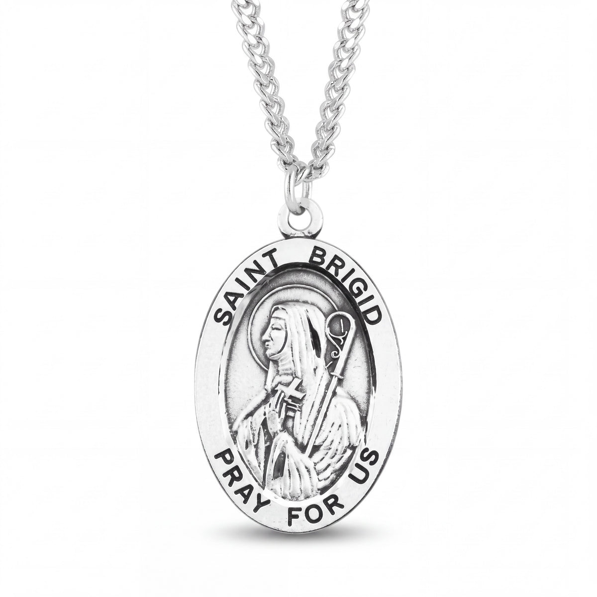 Sterling Silver Saint Brigid Medal Pendant with 24 Inch Stainless Steel Chain