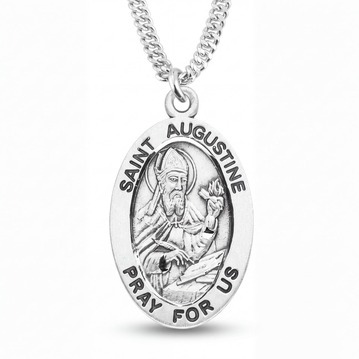 Sterling Silver Saint Augustine Oval Medal with 20 Inch Stainless Steel Chain