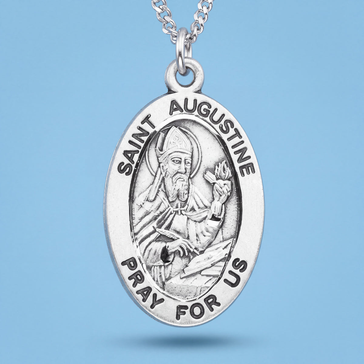 Sterling Silver Saint Augustine Oval Medal with 20 Inch Stainless Steel Chain