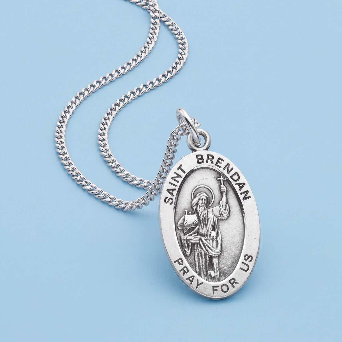 Sterling Silver Saint Brendan Medal Pendant with Curb Chain