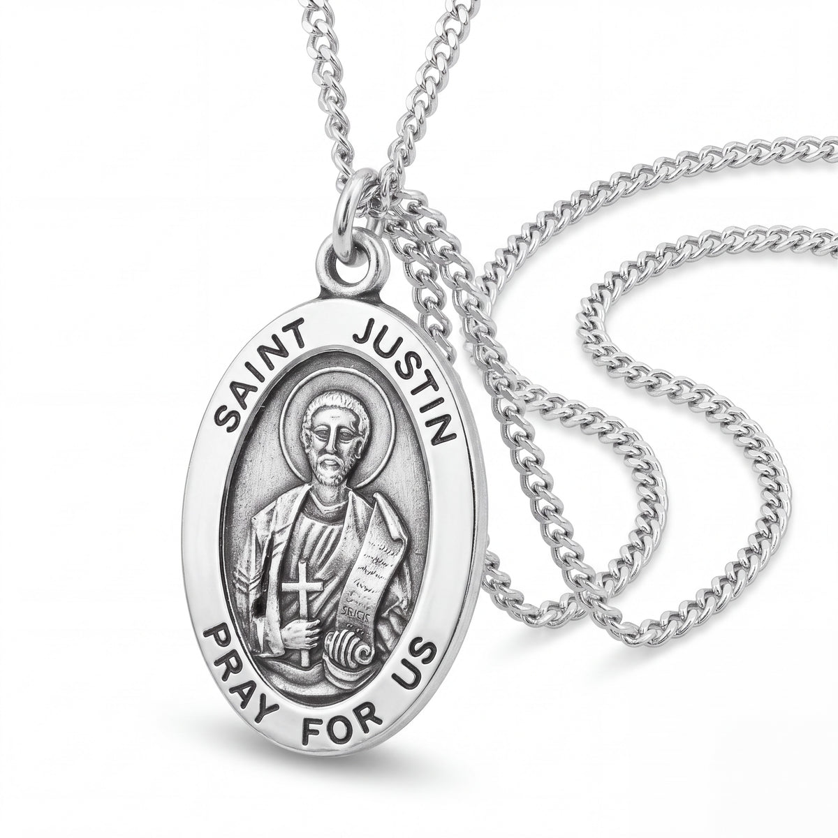 Oval Sterling Silver Medal Pendant with Saint Justin Engraving and 20 Inch Chain