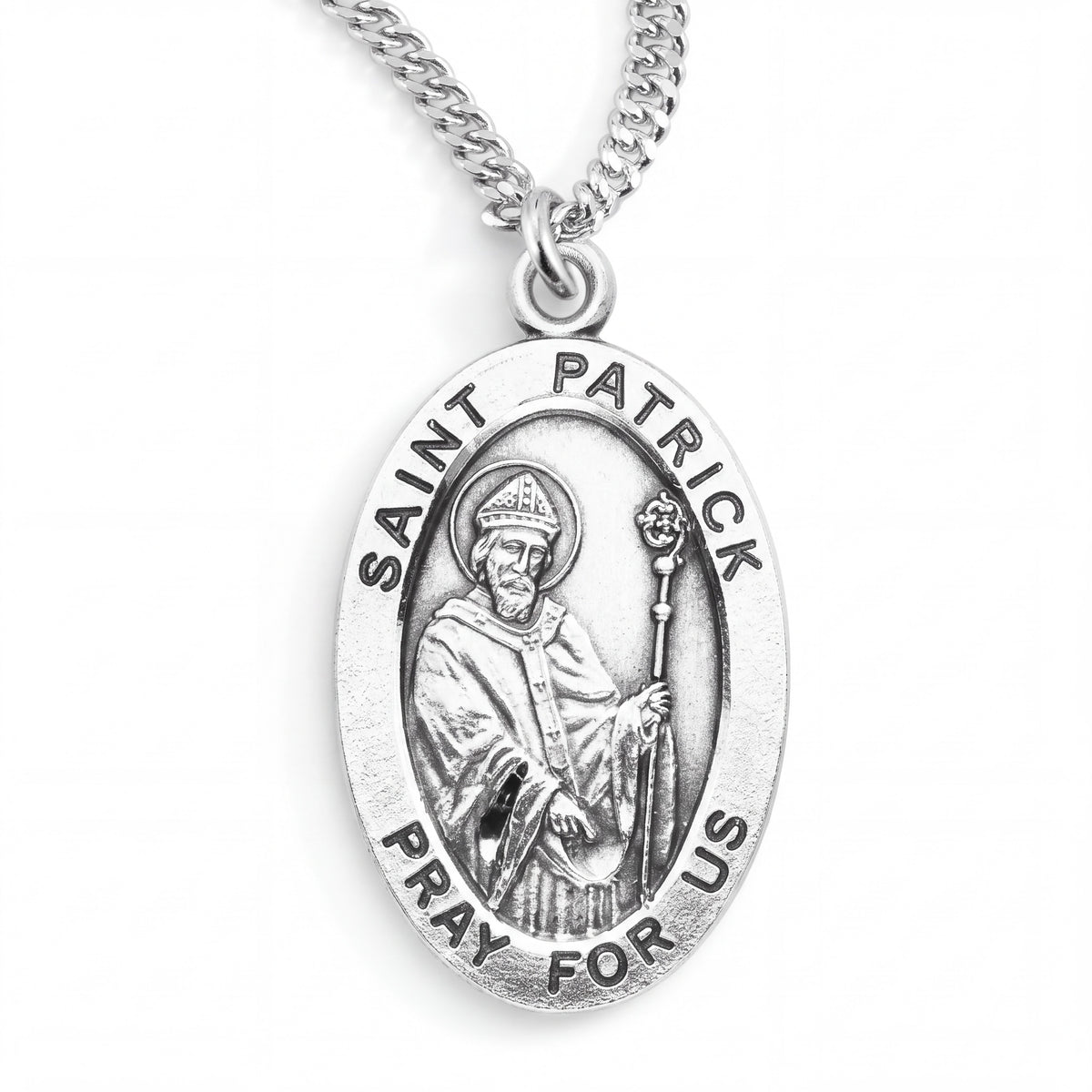 Sterling Silver Saint Patrick Oval Medal with Stainless Steel Chain