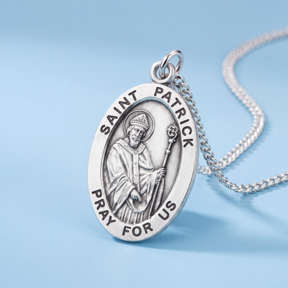 Sterling Silver Saint Patrick Oval Medal with Stainless Steel Chain